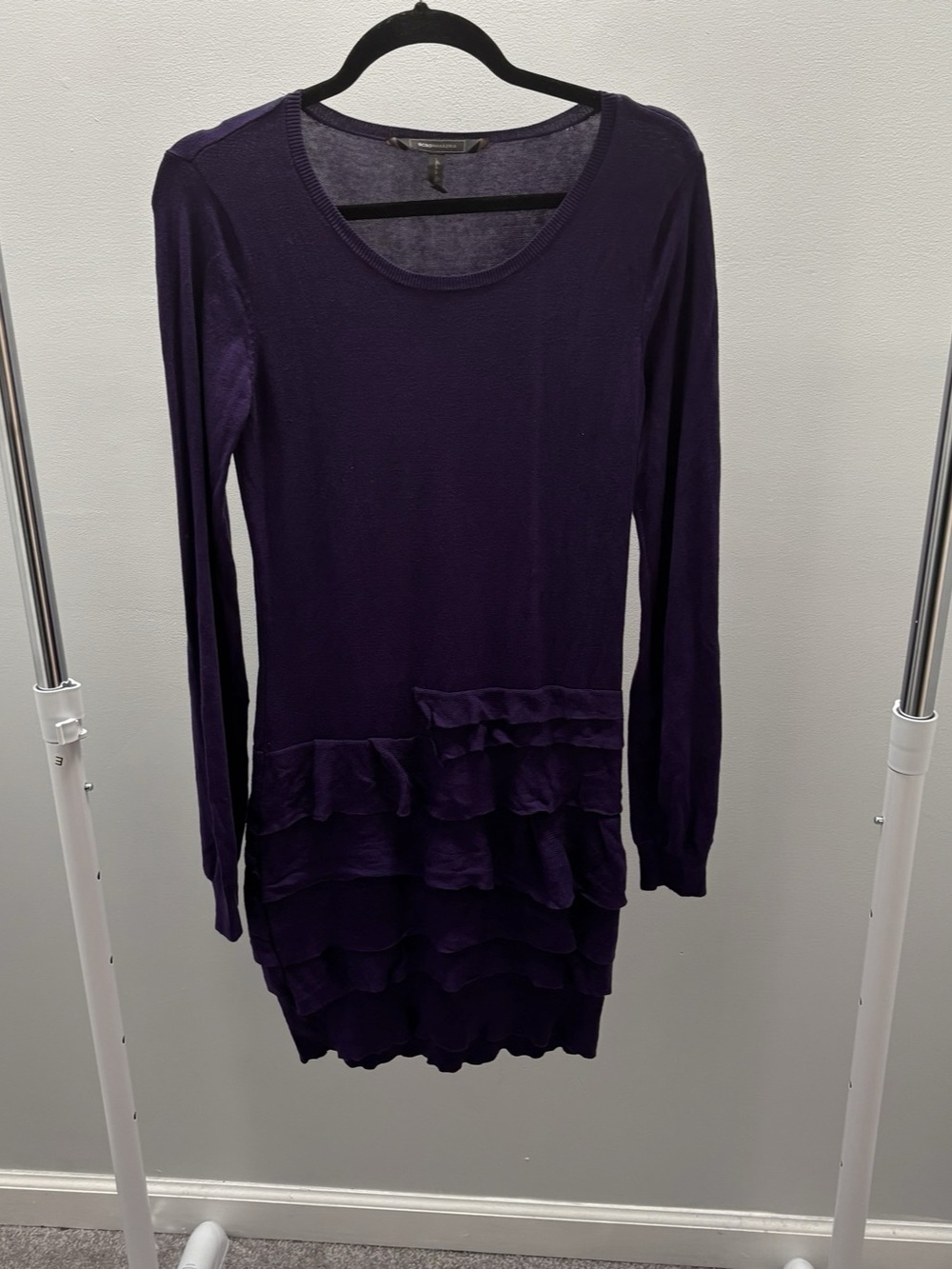 BCBGMaxAzria Deep Purple Long Sleeve Ruffle Mini Sweater Dress